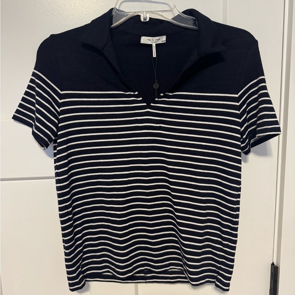 Rag and bone The Knit Stripe Polo Top in Navy & Ivory - Picture 6 of 8